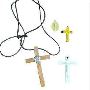 Collection of four  Christian Pendants - wood, tigers eye, gold tone